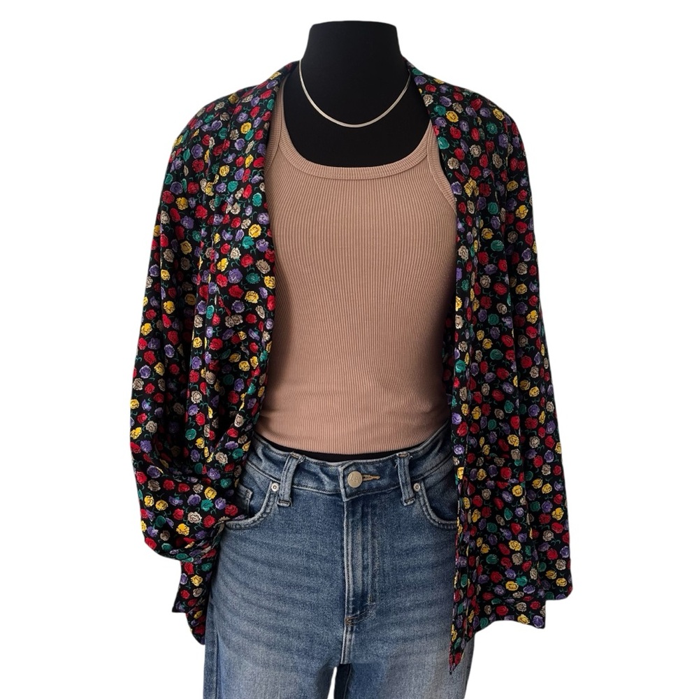 Vintage Colorayons multicolor floral blazer black single breasted oversized M - Picture 3 of 13